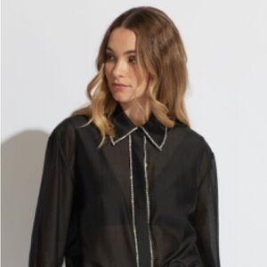 DECJUBA 100% linen black button down tunic long sleeved top with white detail 6